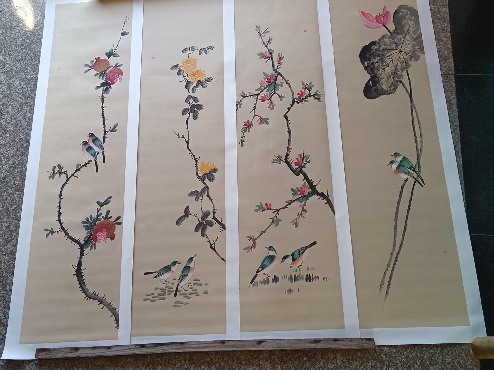 【V】温叶强  《花鸟四条屏》-资源网